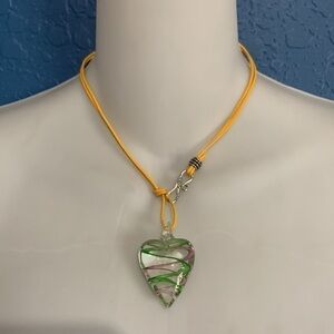 Yellow leather necklace/choker with glass heart. Handmade